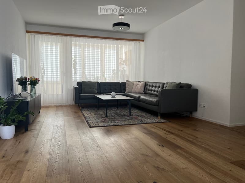 Living room with wooden floor, black leather sofa, coffee table, TV, potted plants, white curtains