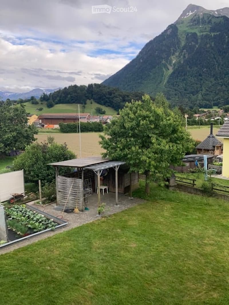 Garden with a wooden shed, a small patio, and a view of mountains in the background.