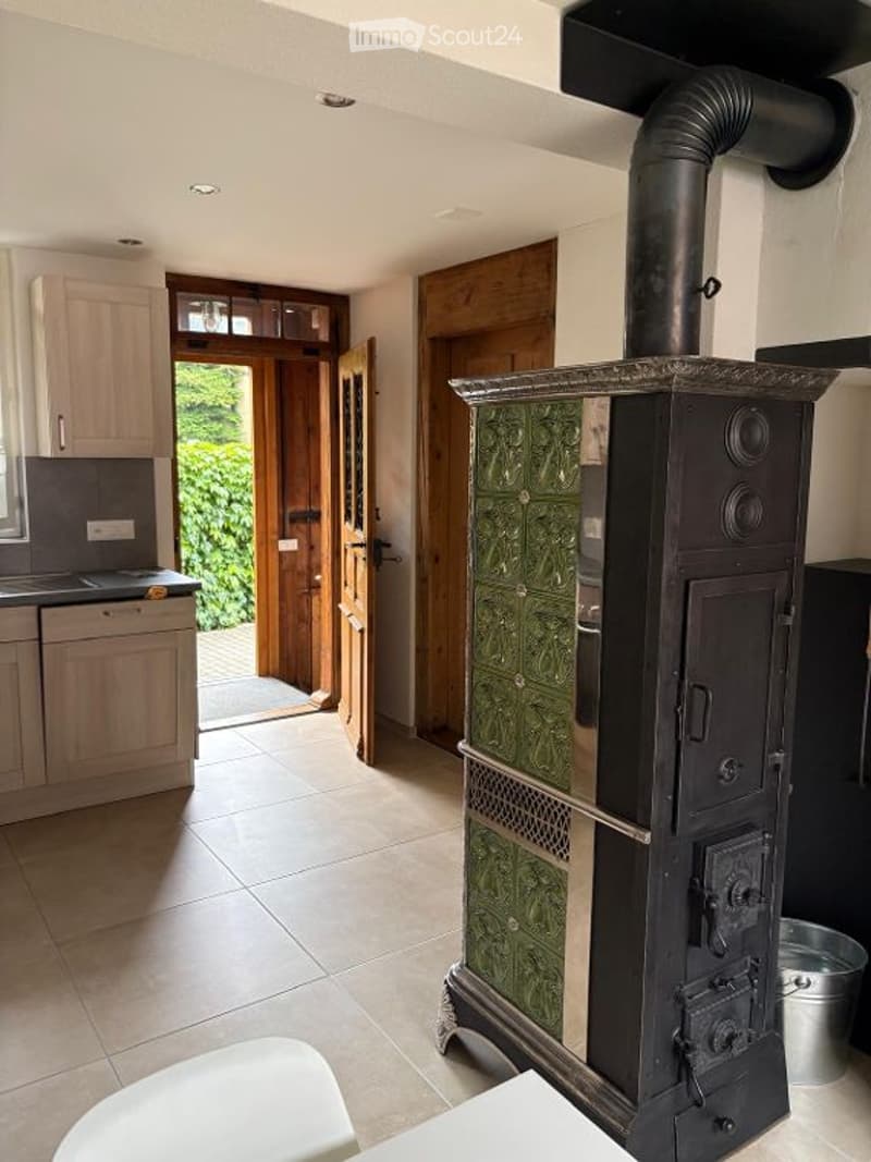 A cozy, well-lit room with a traditional wood-burning stove, light wooden cabinets, a kitchen area with a dishwasher, and a doorway leading to a green outdoor space.
