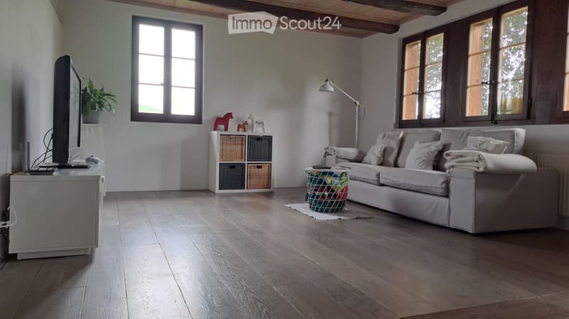 Modern living room with wooden flooring, large windows, grey sofa, coffee table, floor lamp, storage unit, and decorative items.