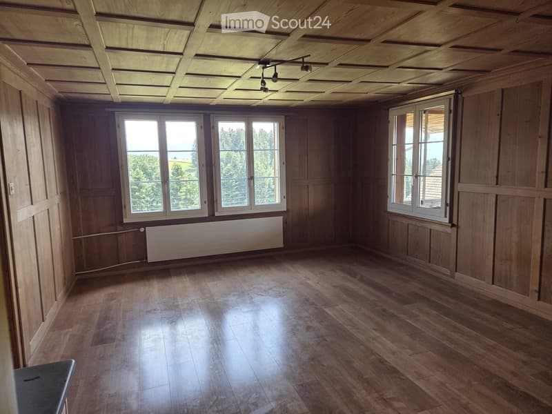 Empty room with wooden walls, wooden floor, large windows, and a radiator. No furniture or equipment present.