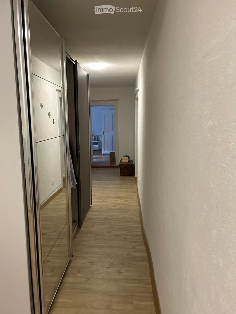 A long, narrow hallway with wooden flooring and light-colored walls. A mirrored closet is on the left, and a small room is visible at the end of the hallway.