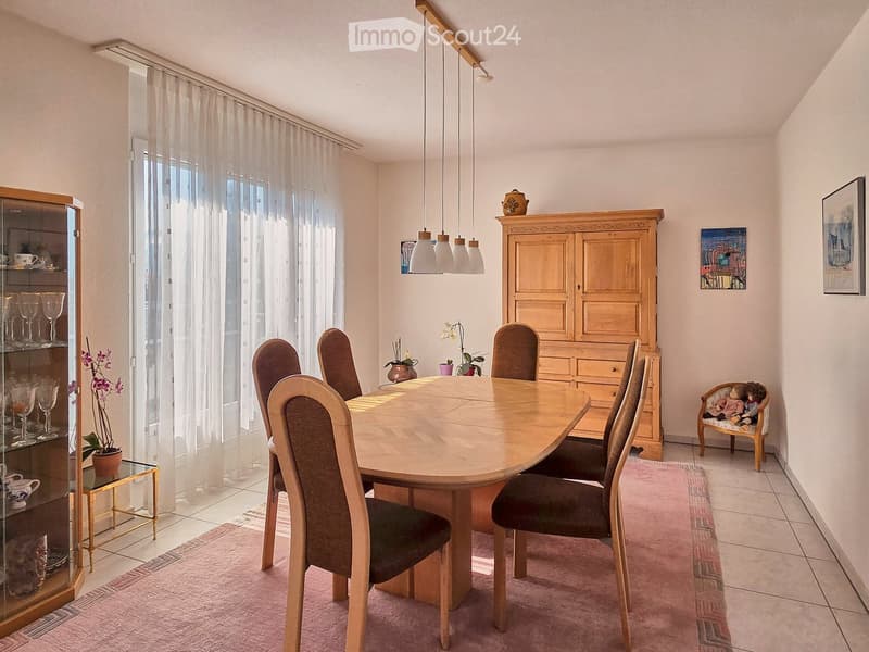 Dining room with wooden table, chairs, wooden cabinet, and a rug. There are also a glass cabinet with wine glasses and a plant.