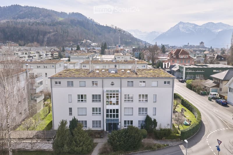 4 story apartment building, green roof, raised ground floor, surrounded by trees and bushes, mountains in the background