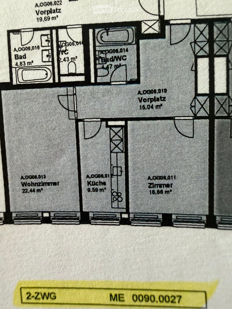 Floor plan of a 2-bedroom apartment with labeled rooms including living room, kitchen, bedroom, bathroom, and hallway.