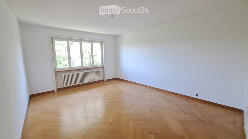 Empty room with wooden parquet flooring, white walls, and a large window with a radiator below it.