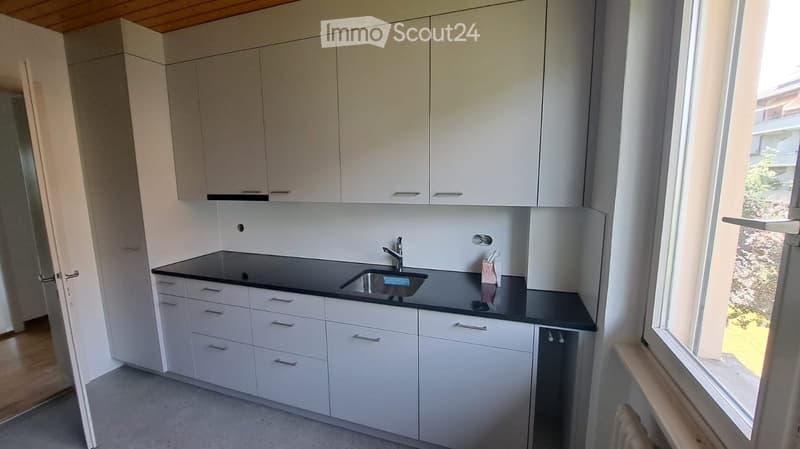 Modern kitchen with white cabinets, black countertop, and a stainless steel sink.