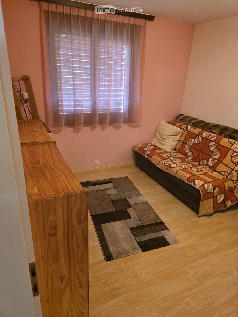 Cozy living room with light pink walls, wooden flooring, a patterned sofa, and a geometric rug.