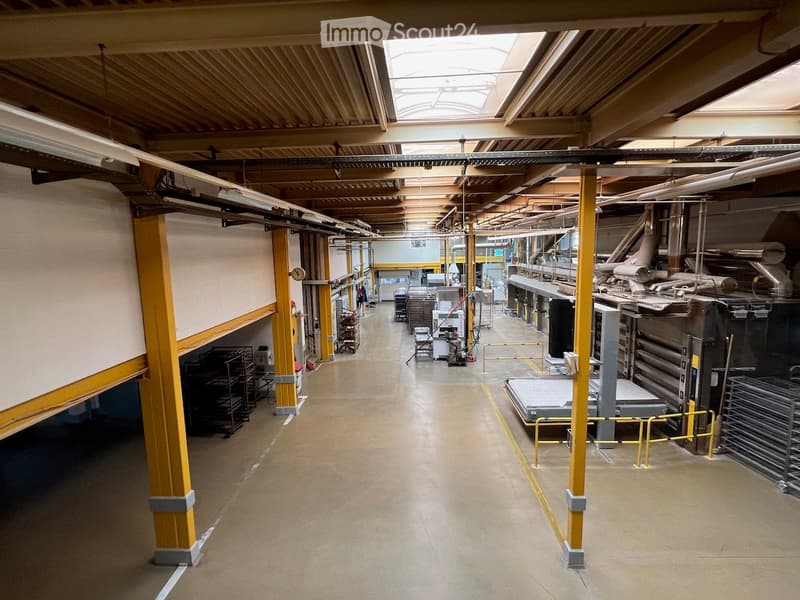 large open warehouse, high ceilings, yellow poles, bright skylit windows, machinery equipment, stacks of trays