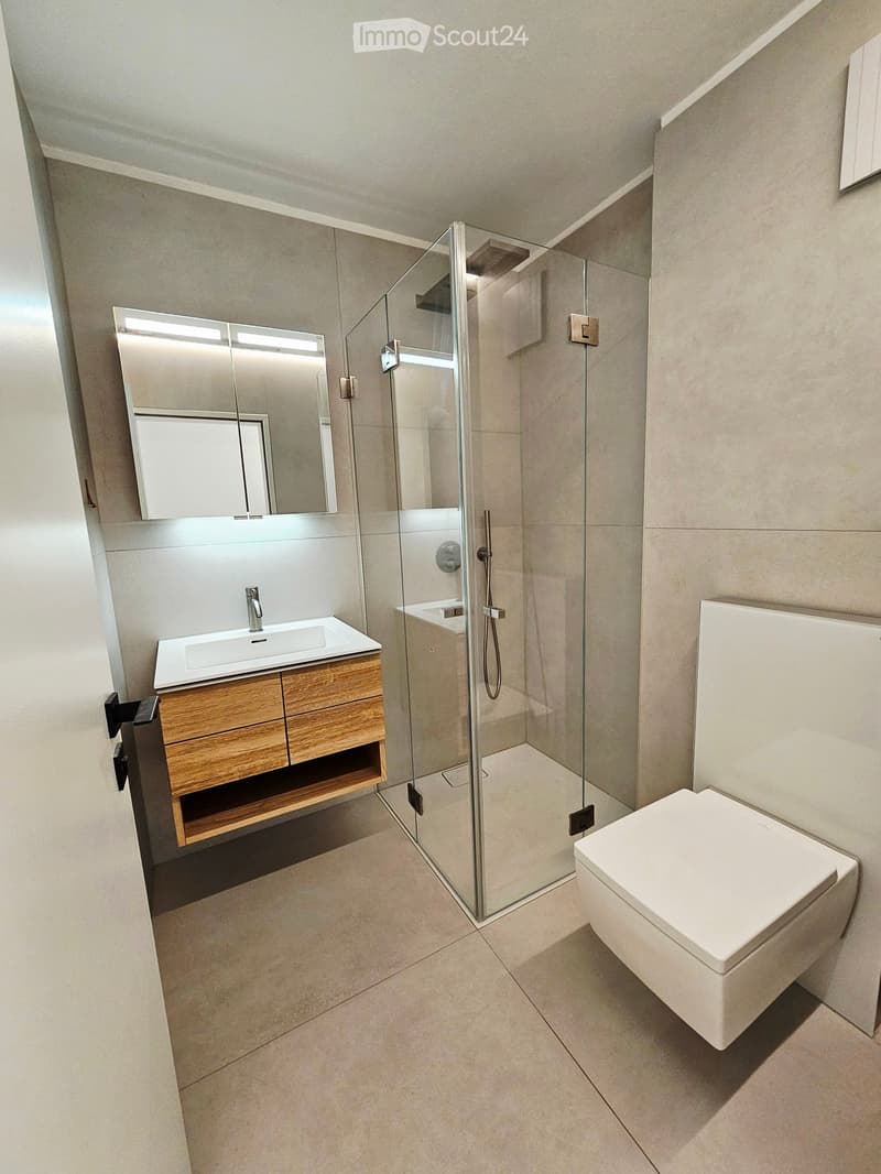 Modern bathroom with a white sink, wooden vanity, glass shower enclosure, and a toilet. Features a large mirror with built-in lighting.