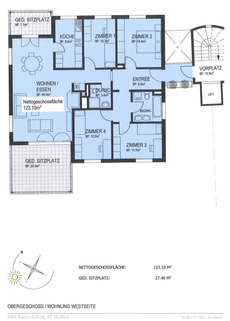Floor plan of a 123.10 m² upper floor apartment with4 bedrooms, kitchen, living/dining area, entrance, bathroom, and two balconies.
