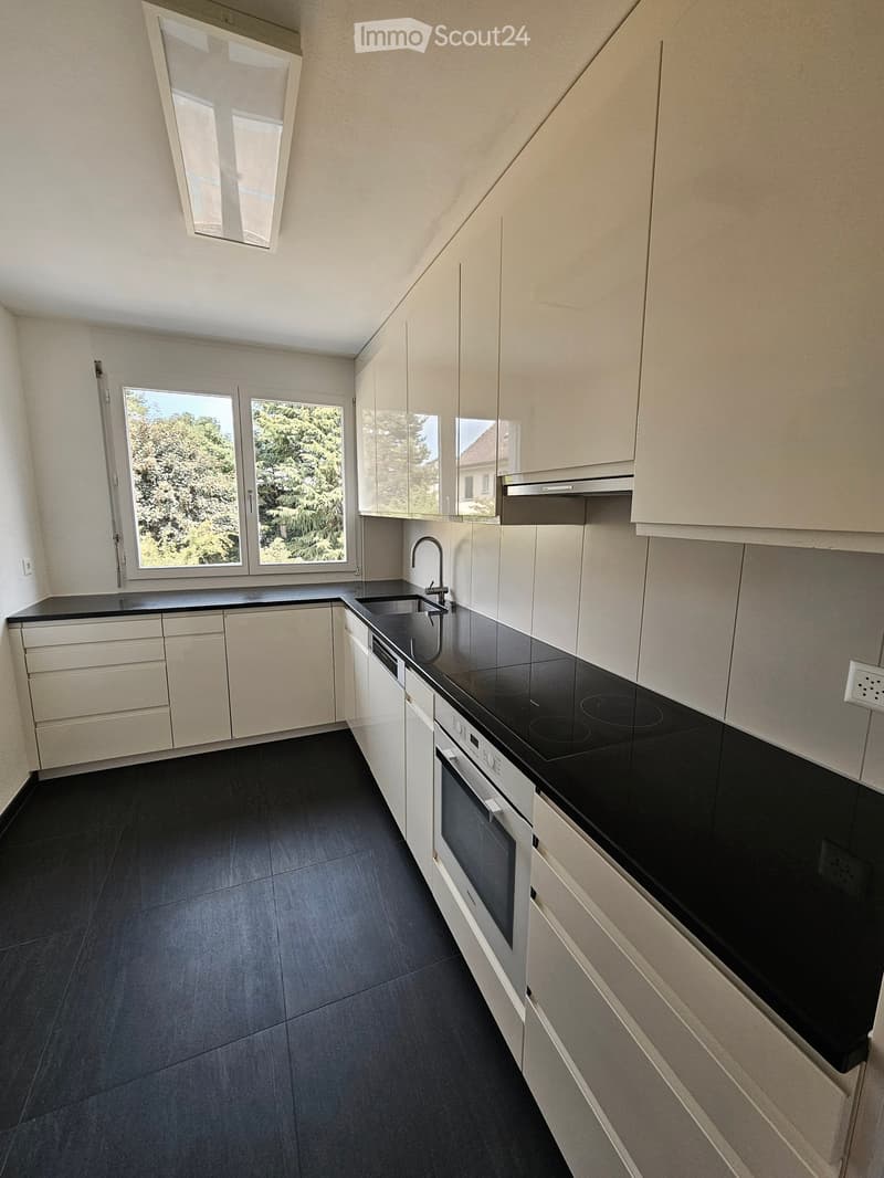 Modern kitchen with white cabinets, black countertops, and a black floor. Features an induction cooktop, oven, sink, and faucet.