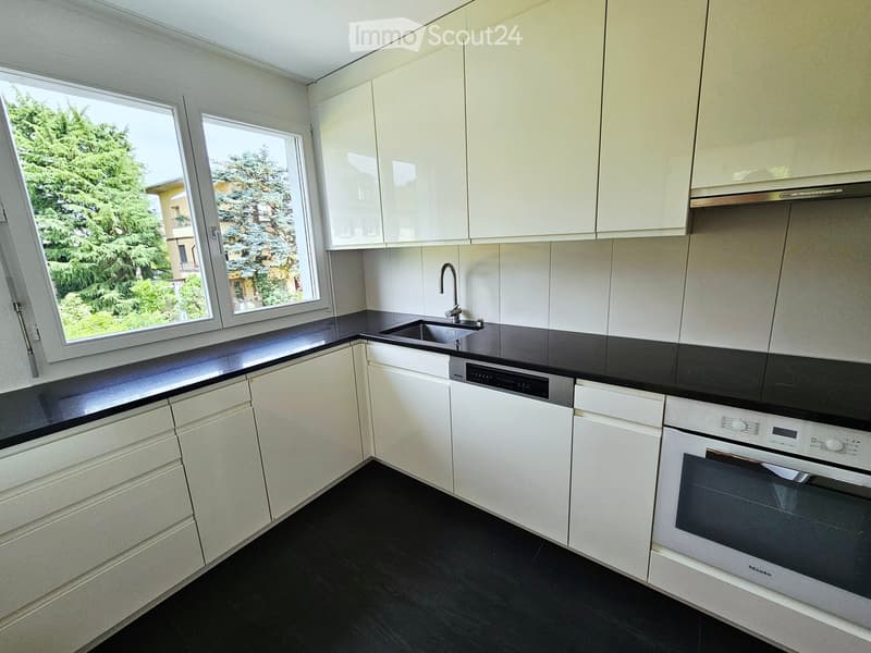 Modern kitchen with white cabinets, black countertops, and stainless steel appliances including a sink, dishwasher, and oven. Large windows provide natural light.