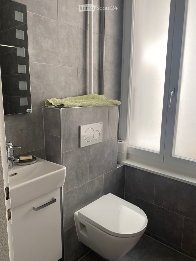 Modern bathroom with grey tiled walls, a white sink with a chrome faucet, a toilet, a mirror, and a towel on a shelf above the toilet.