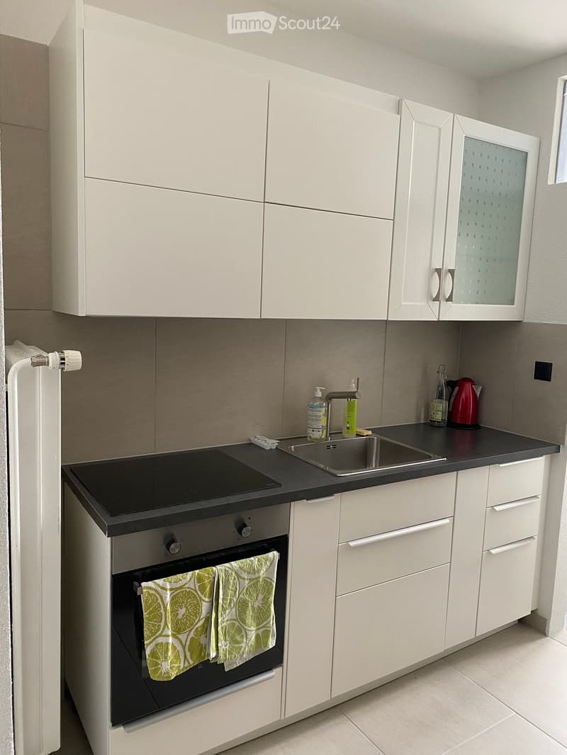 Modern kitchen with white cabinets, black countertops, stainless steel sink, and built-in oven. Includes a bottle, oven mitt, and a green and white oven towel.
