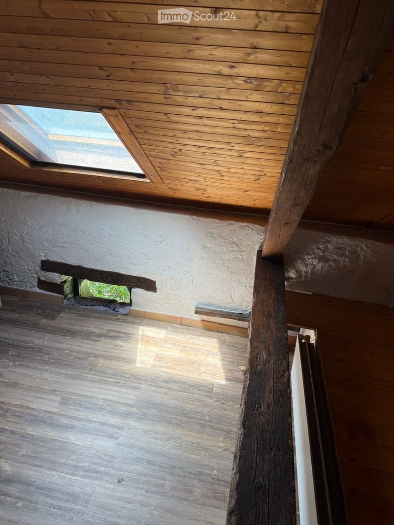 A modern hallway with wooden flooring, exposed wooden beams, and a skylight window providing natural light.
