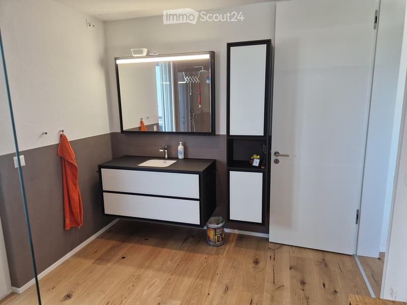 Modern bathroom with a black countertop sink, large mirror with built-in lighting, white cabinet, and an orange towel hanging on the wall.