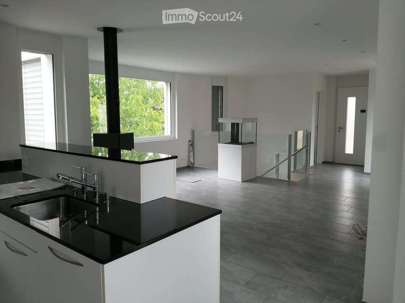 Modern kitchen with black countertop, stainless steel sink, white cabinets, and large windows overlooking greenery.