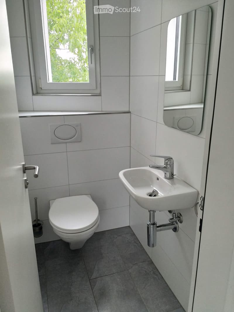 Modern bathroom with white tiled walls, a toilet, a sink with a chrome faucet, and a mirror above the sink. The room has a window with a view of greenery.
