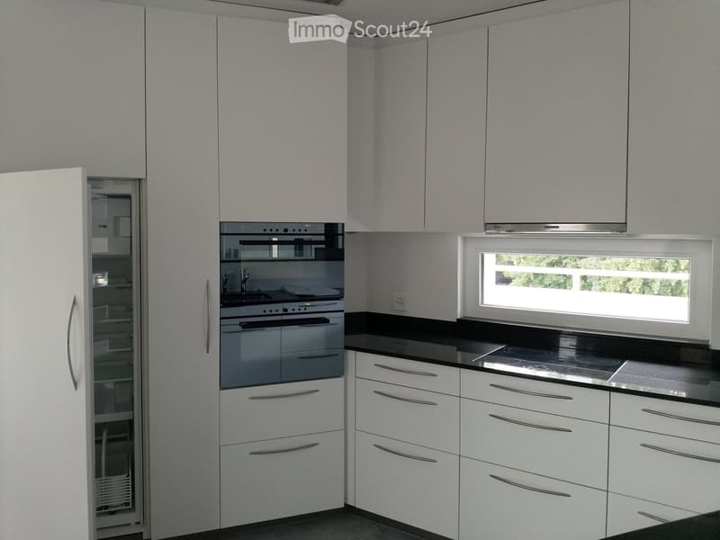 Modern kitchen with white cabinets, stainless steel appliances, and a black countertop.