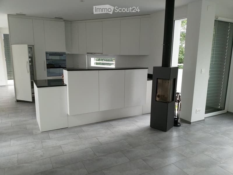 Modern kitchen with white cabinetry, a central island, and a built-in fireplace. The space features tiled flooring and large windows allowing natural light.