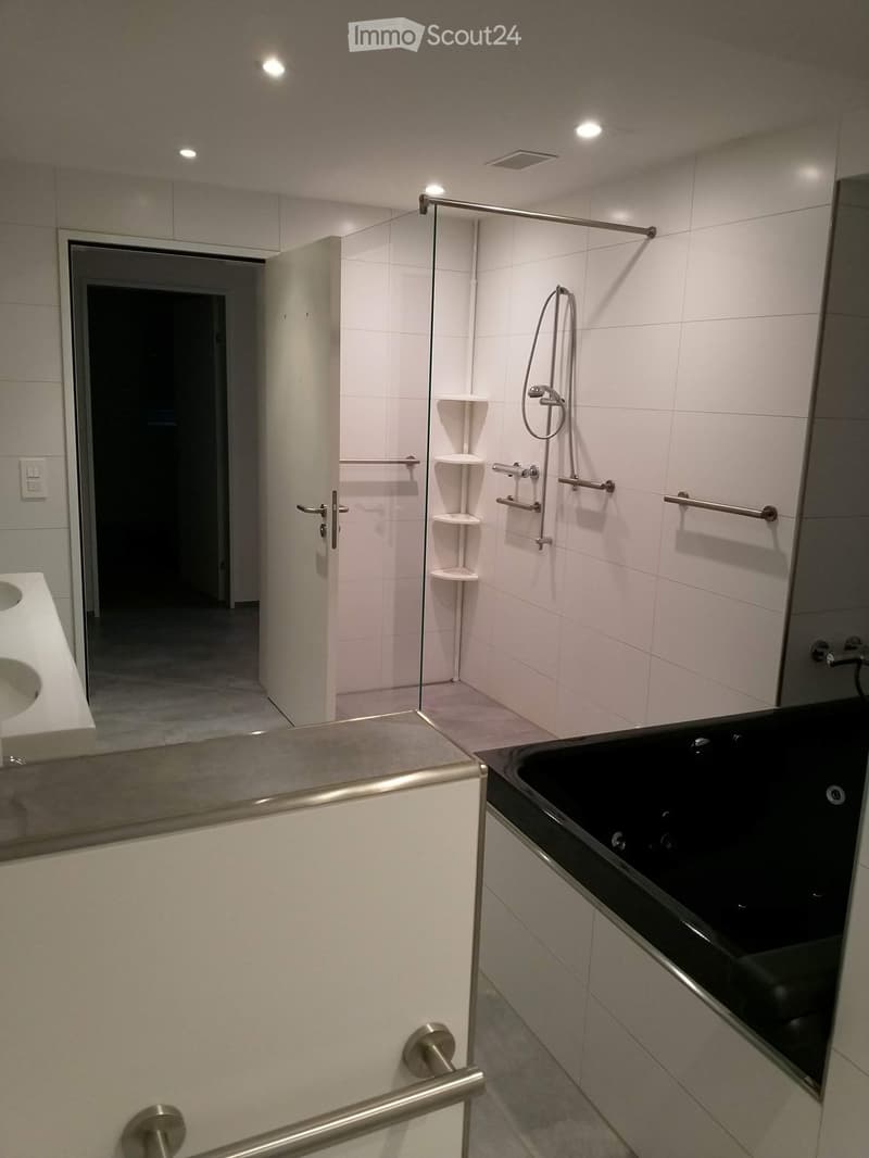 Modern bathroom with a large mirror, sink, bathtub, and a walk-in shower with built-in shelves and grab bars.