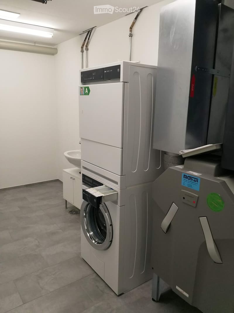 Clean, modern laundry area with a washing machine, dryer, sink, and small cabinet.