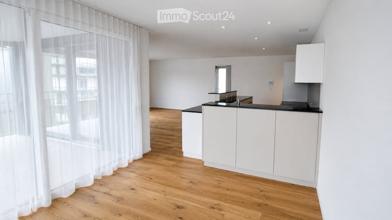 Modern kitchen with white cabinets, black countertops, and a central island. The space features wooden flooring and large windows with sheer curtains.