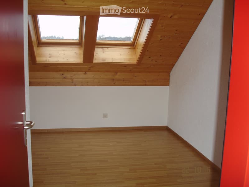 Empty attic room with wooden floors, white walls, and skylight windows. No furniture or equipment present.
