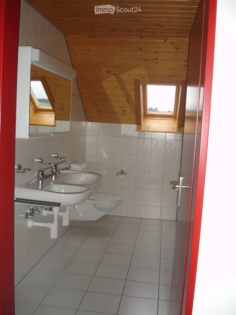 Modern bathroom with double sink, toilet, mirror, and skylight windows. Wooden ceiling and tiled walls.