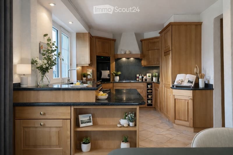 Modern kitchen with light wooden cabinets, black countertops, and stainless steel appliances. Features include a central island, built-in oven, range hood, and decorative items such as vases, potted plants, and picture frames.