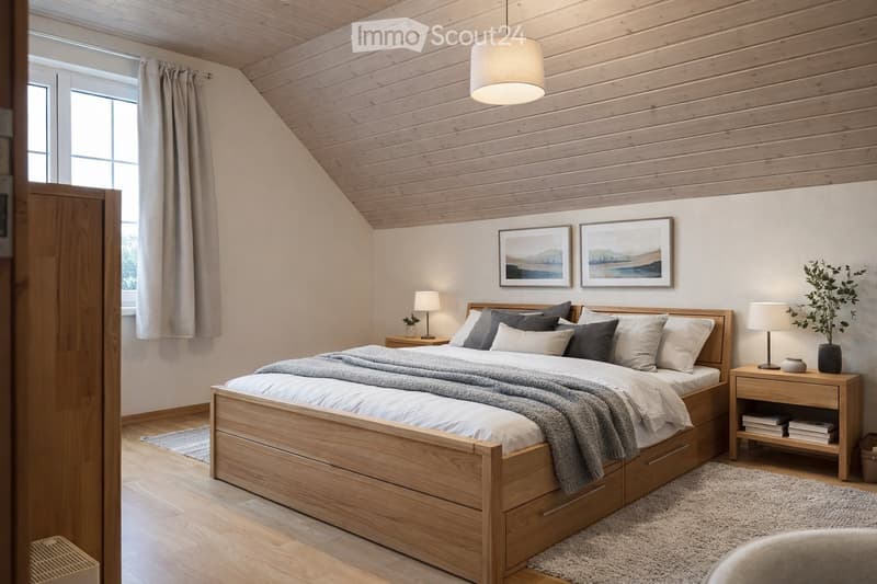 Cozy bedroom with wooden bed, nightstands, lamps, artwork, and a plant. The room features wooden walls and ceiling, large windows, and a soft, inviting atmosphere.