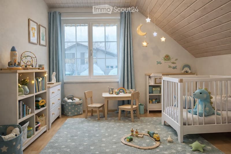 A cozy children's bedroom with a slanted wooden ceiling, large window with blue curtains, and a view of a house outside. The room features a white crib with a soft blue dinosaur toy, a small wooden table with chairs, a bookshelf filled with books and toys