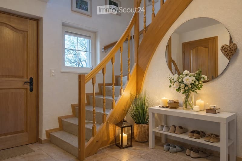 Staircase with wooden handrail, white wall, large mirror, small table with candles, potted plant, and shoes on a shelf.