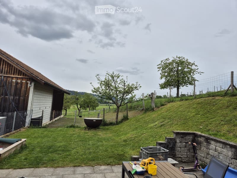A grassy yard with a wooden shed, a stone wall, a small table with chairs, a scooter, and a toy car on the patio.