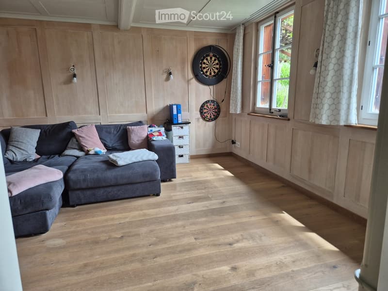 Cozy living room with wooden flooring, grey sectional sofa with pink and grey pillows, dartboard on wall, storage unit, and large windows with curtains.