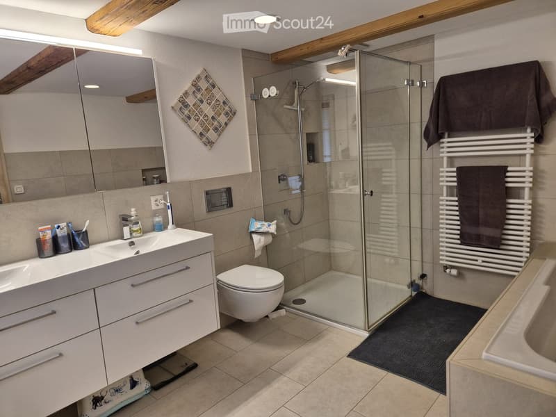 Modern bathroom with a white sink, toilet, glass-enclosed shower, large mirror, towel rack, and various toiletries.