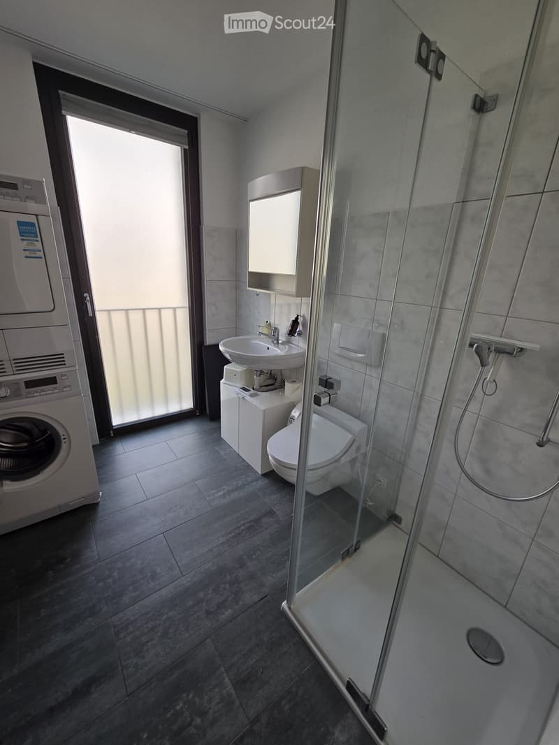 Bathroom. Modern bathroom with dark tiled floor, white sink, toilet, glass-enclosed shower, and washing machine. Features a built-in mirror cabinet above the sink.