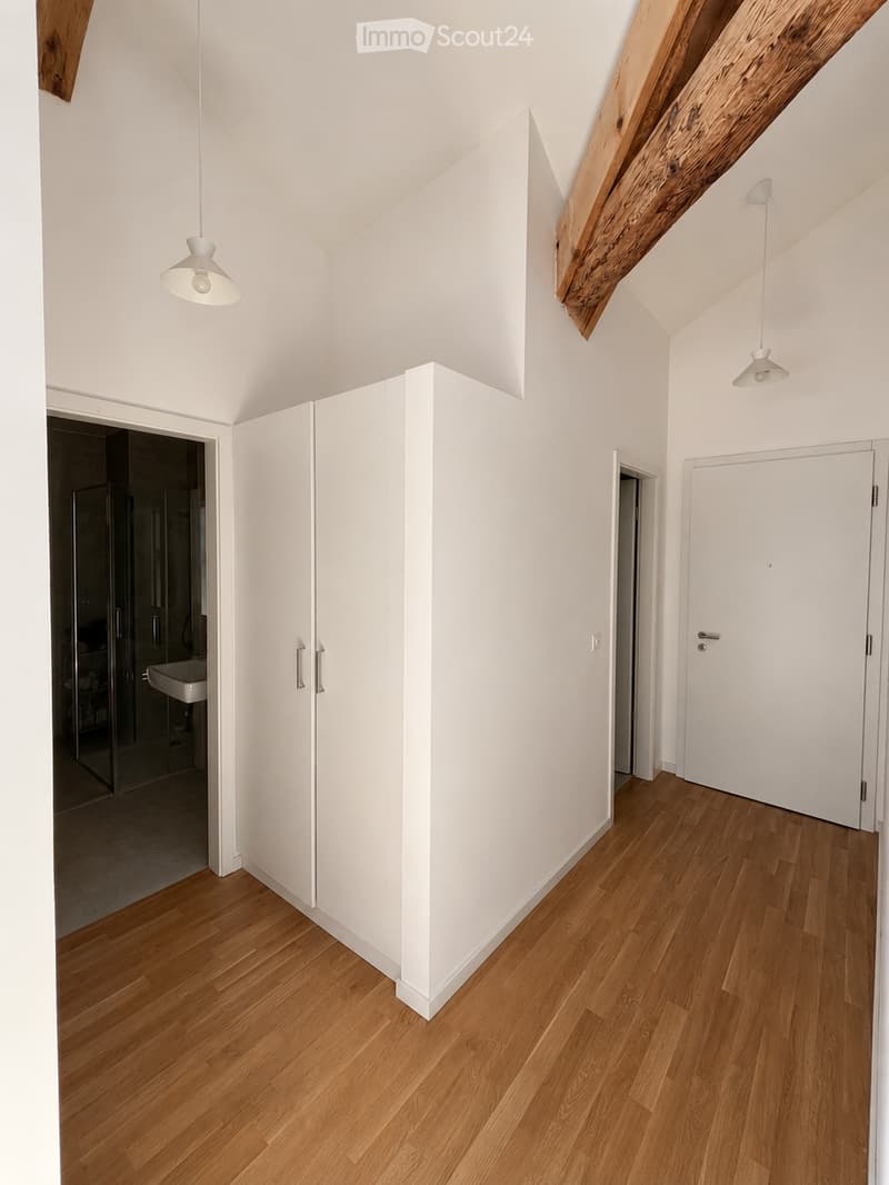 Bright, minimalist hallway with wooden flooring, white walls, exposed wooden beams, and pendant lights. Features built-in white cabinetry and doors leading to other rooms.