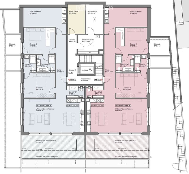 Floor plan of a multi-unit building with three apartments, each featuring living spaces, bedrooms, bathrooms, and a shared laundry area. Includes a staircase, elevator, and terraces.
