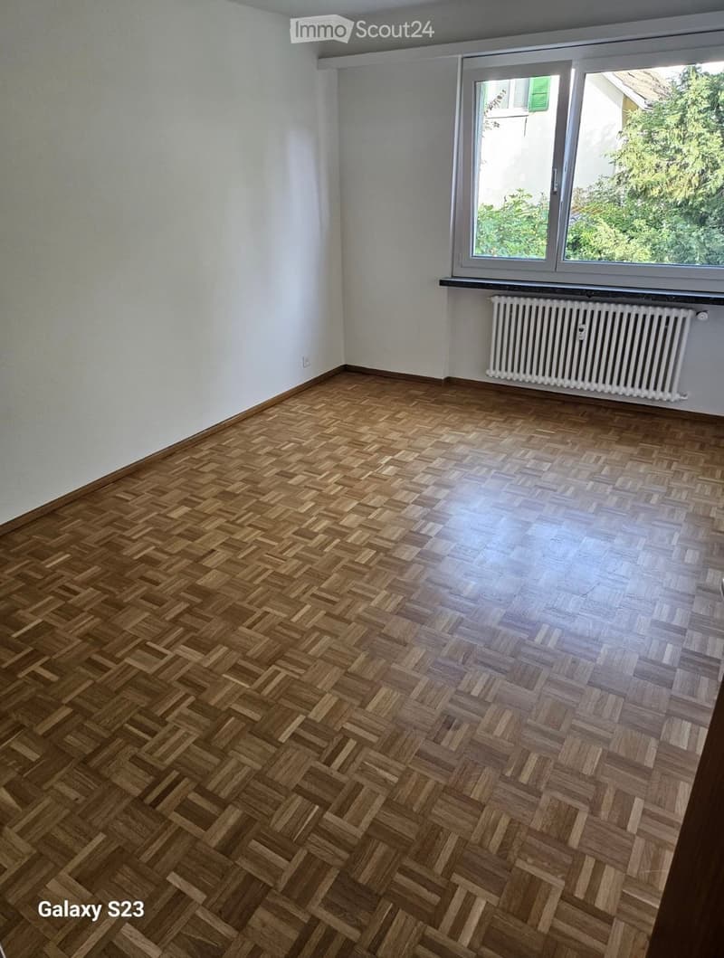 Empty room with wooden herringbone flooring, white walls, and a large window with a radiator below it.