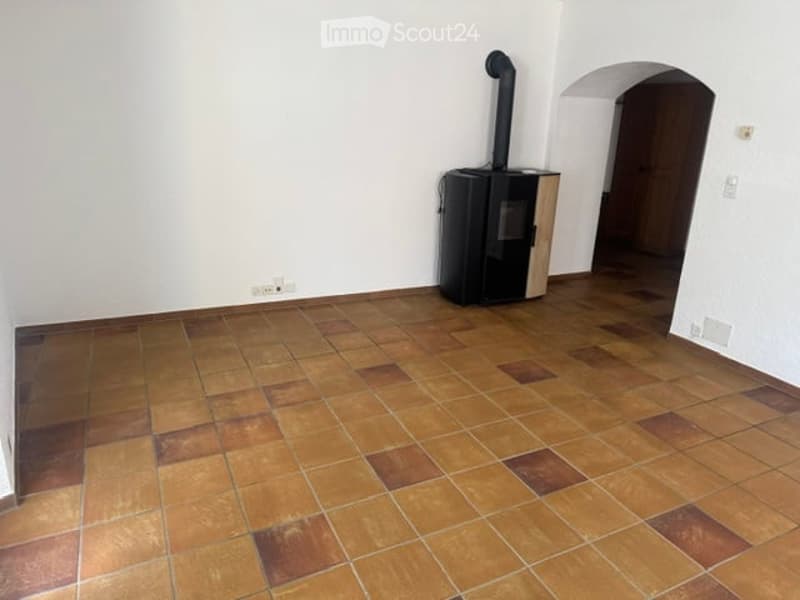 Empty room with wooden floor and white walls, featuring a black wood-burning stove with a chimney pipe.