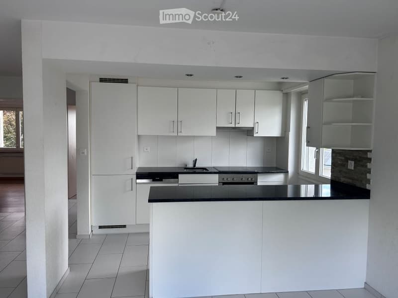 Modern kitchen with white cabinets, black countertop, and stainless steel appliances.