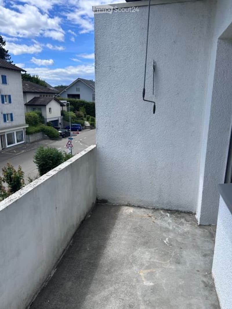Empty concrete balcony with white walls, overlooking a street with parked cars and neighboring houses.
