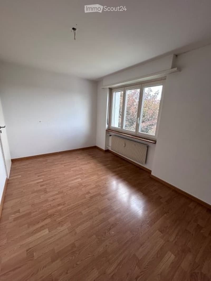 Empty room with wooden flooring, white walls, large window with white frame, radiator below window, and white door on left side.
