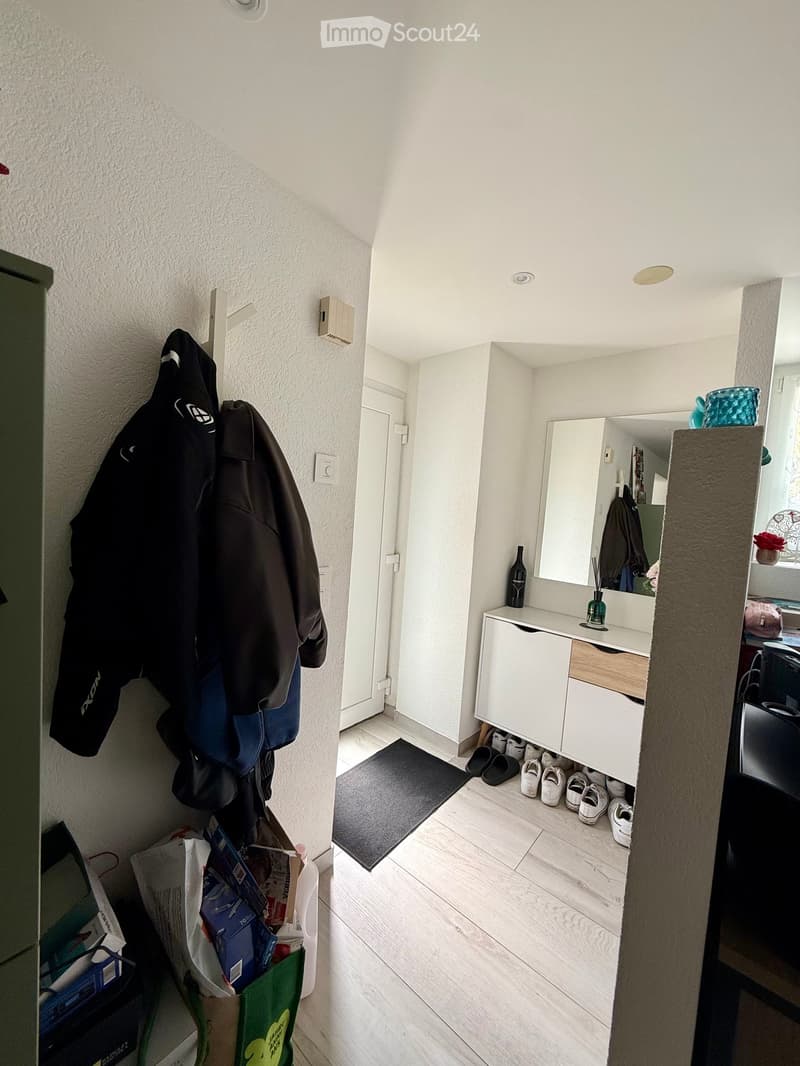 A narrow hallway with white walls, wooden flooring, and a coat rack holding jackets. A small storage unit with shoes and a mirror is visible, along with a few bags and items on the left side.
