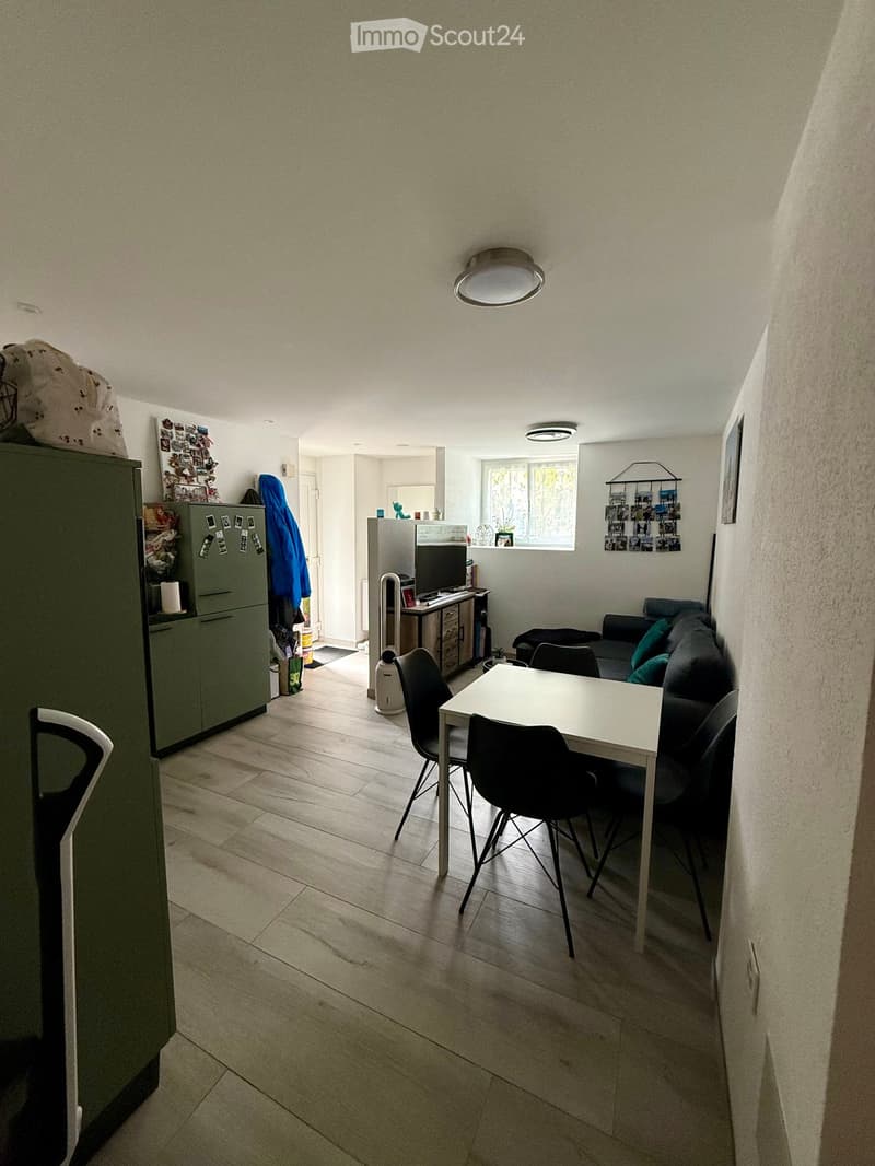 A modern, open-plan living and dining area with a sofa, dining table, chairs, a refrigerator, and a cabinet. The space features wooden flooring and large windows allowing natural light.