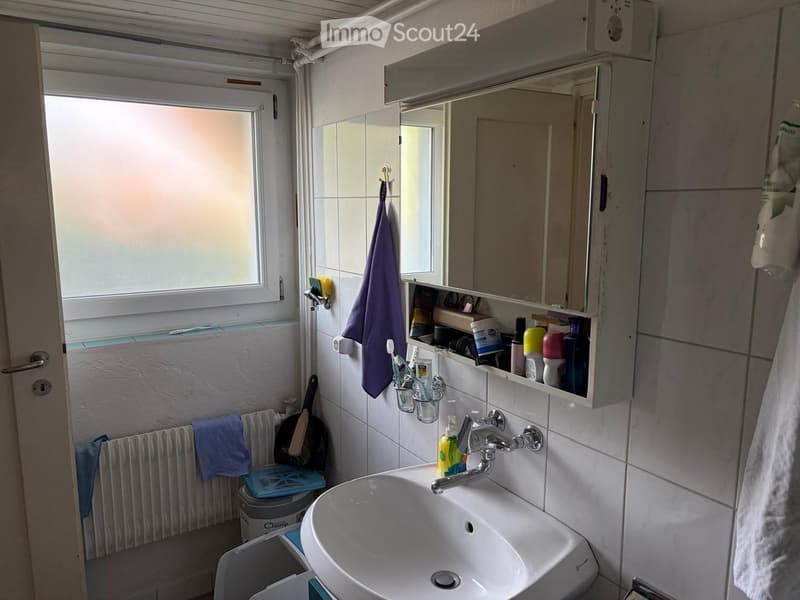 Bathroom with a sink, mirror, towel, toothbrush holder, toothpaste, shampoo, shower gel, radiator, door, and window.