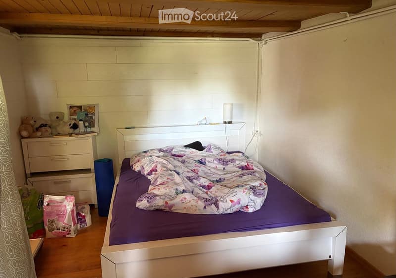 Cozy bedroom with a white wooden bed, purple bedding, a nightstand with a lamp, a drawer unit with stuffed animals and books, and cat food bags on the floor.