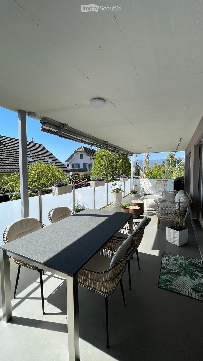 Balcony with a dining table, chairs, sofa, potted plants, and a rug.